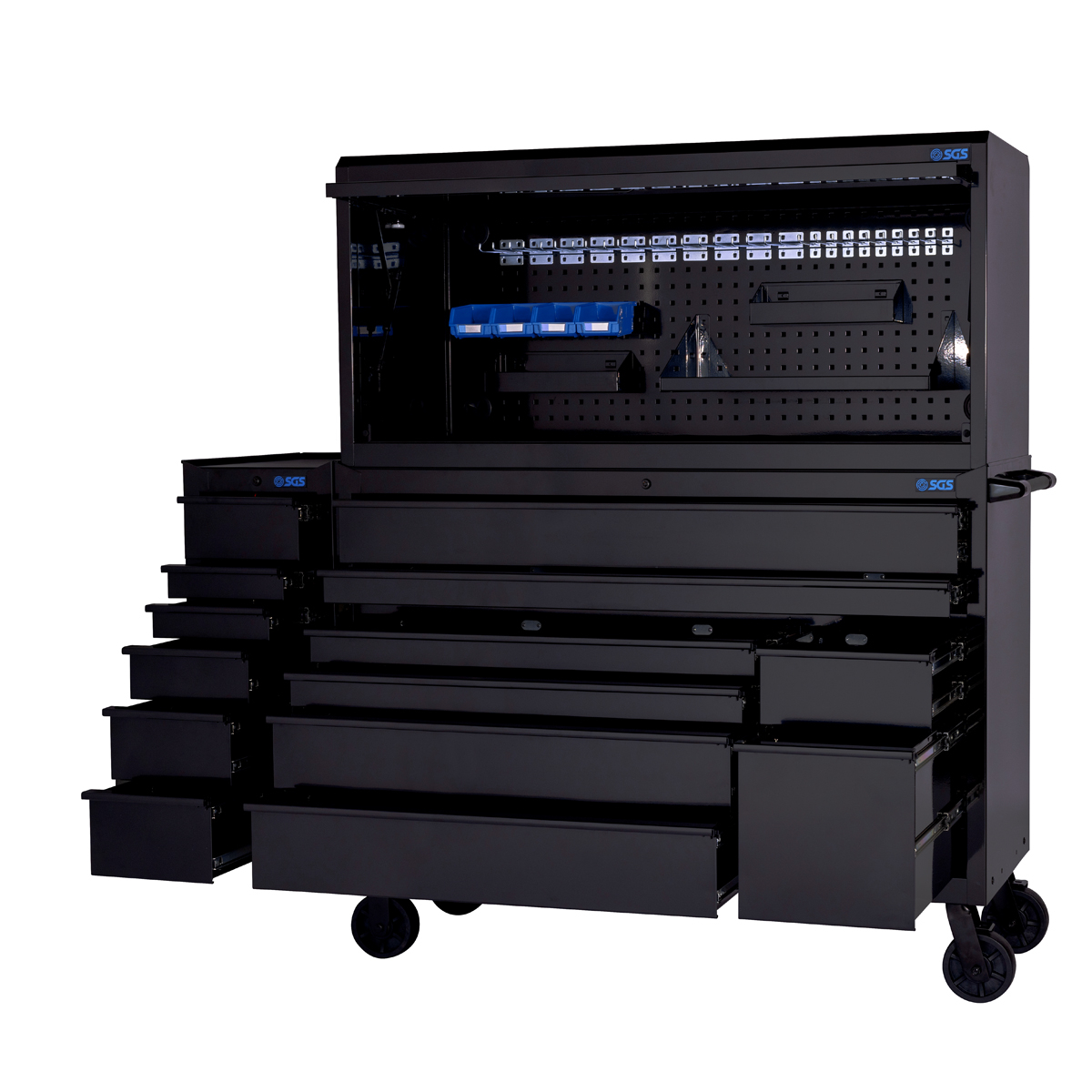 SGS 56in Roller Cabinet with Top Hutch and Side Cabinet | 14 Drawers | Black